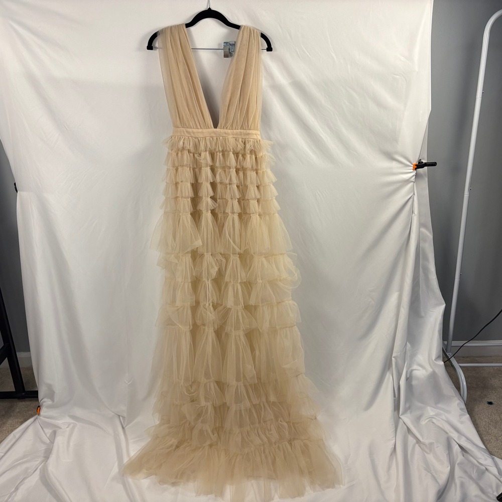 Blithe Los Angeles Nude Tiered Ruffle Tulle Gown Dress Deep V Small